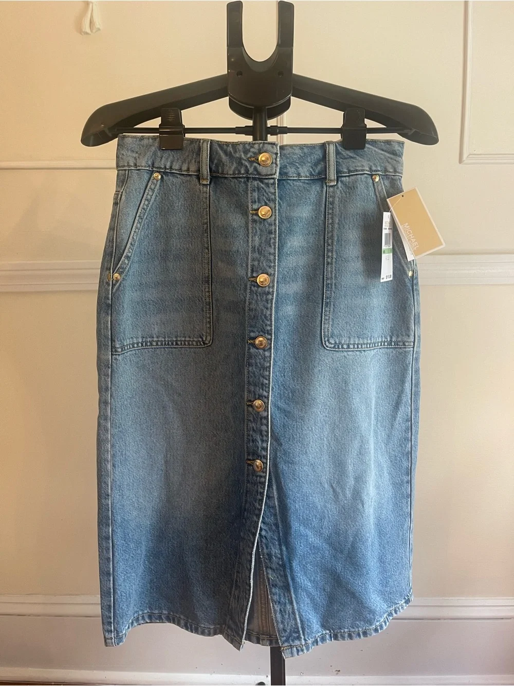 Michael Kors Jean Skirt Gold Button-Front Denim Skirt
